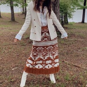 Boho Rust & Off White Aztec Geo Tribal Cowichan Fringe Hem MIDI Skirt M
